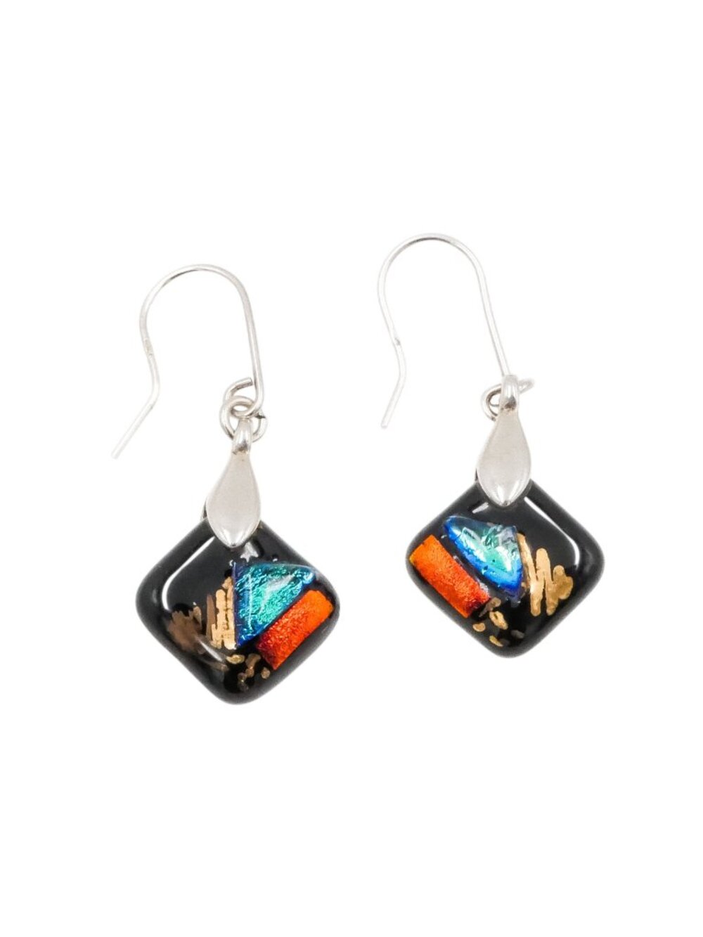 Sterling Silver Art Glass Dangle Earrings Black Multicolor 1.5 Inch Drop